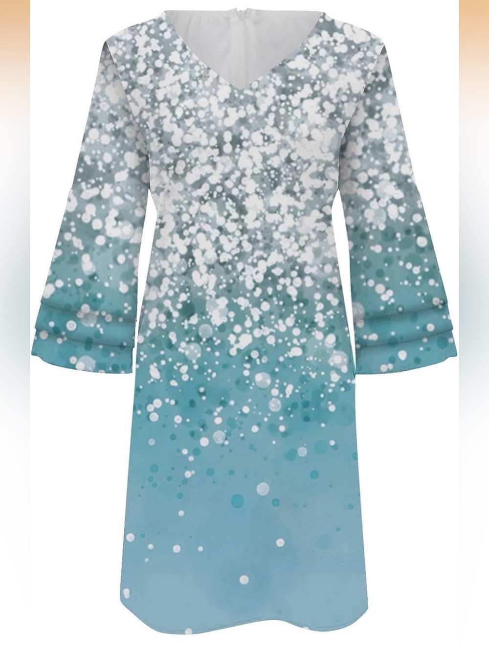 Noracora Teal Blue Ombre Glitter Print V-Neck Bell Sleeve Shift Dress XXL
